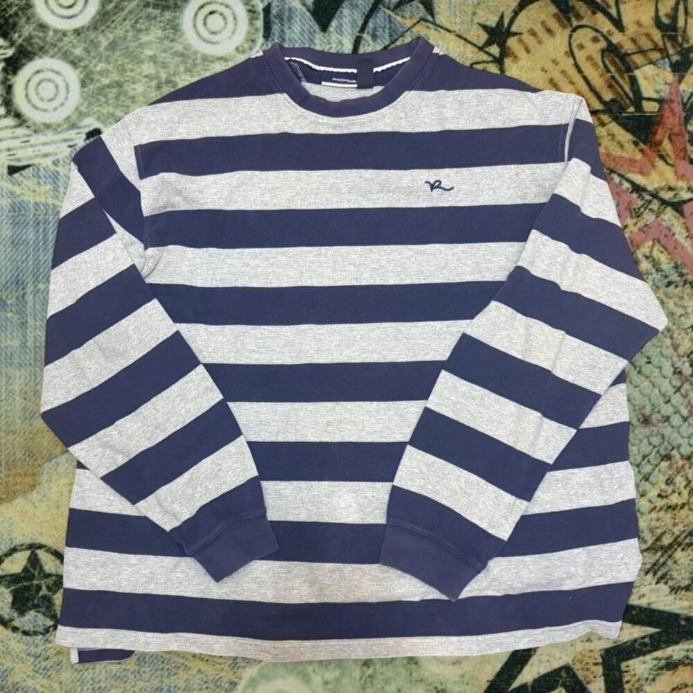 RocaWear Striped Navy and Gray Skater Cotton Vintage Crew Neck